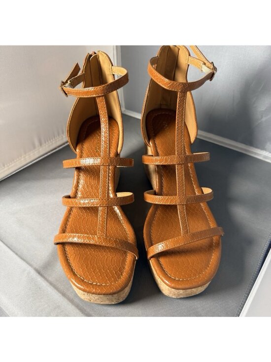 maurices Tan Faux Snake Skin Strappy Cork Wedge Platform Sandals Size 8.5 - Picture 3 of 6